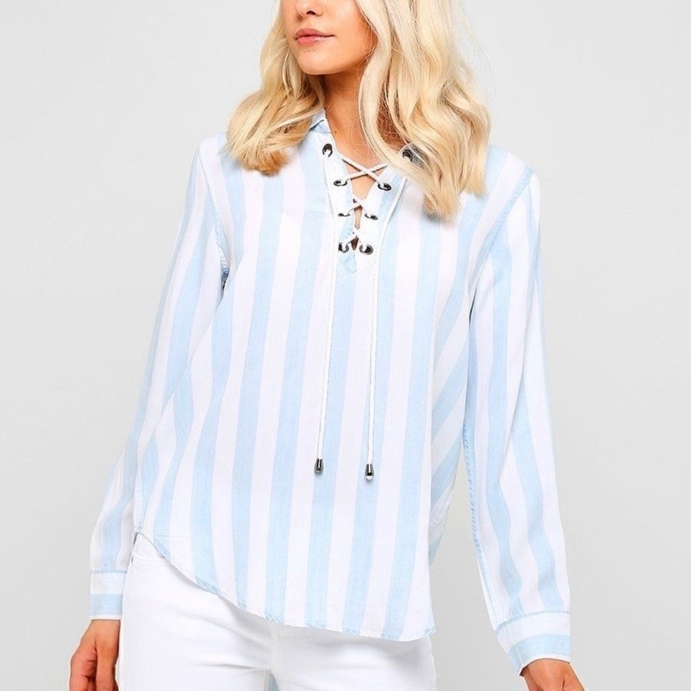 Rails‎ Anthropologie Blue Block Stripe Uli Lace Up Pullover Shirt Size Small